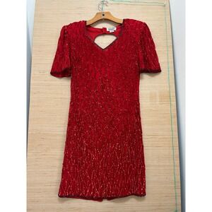 Mark & John by Gopal Red Beaded Silk Mini Dress Heart Cutout Back‎ Vintage Small